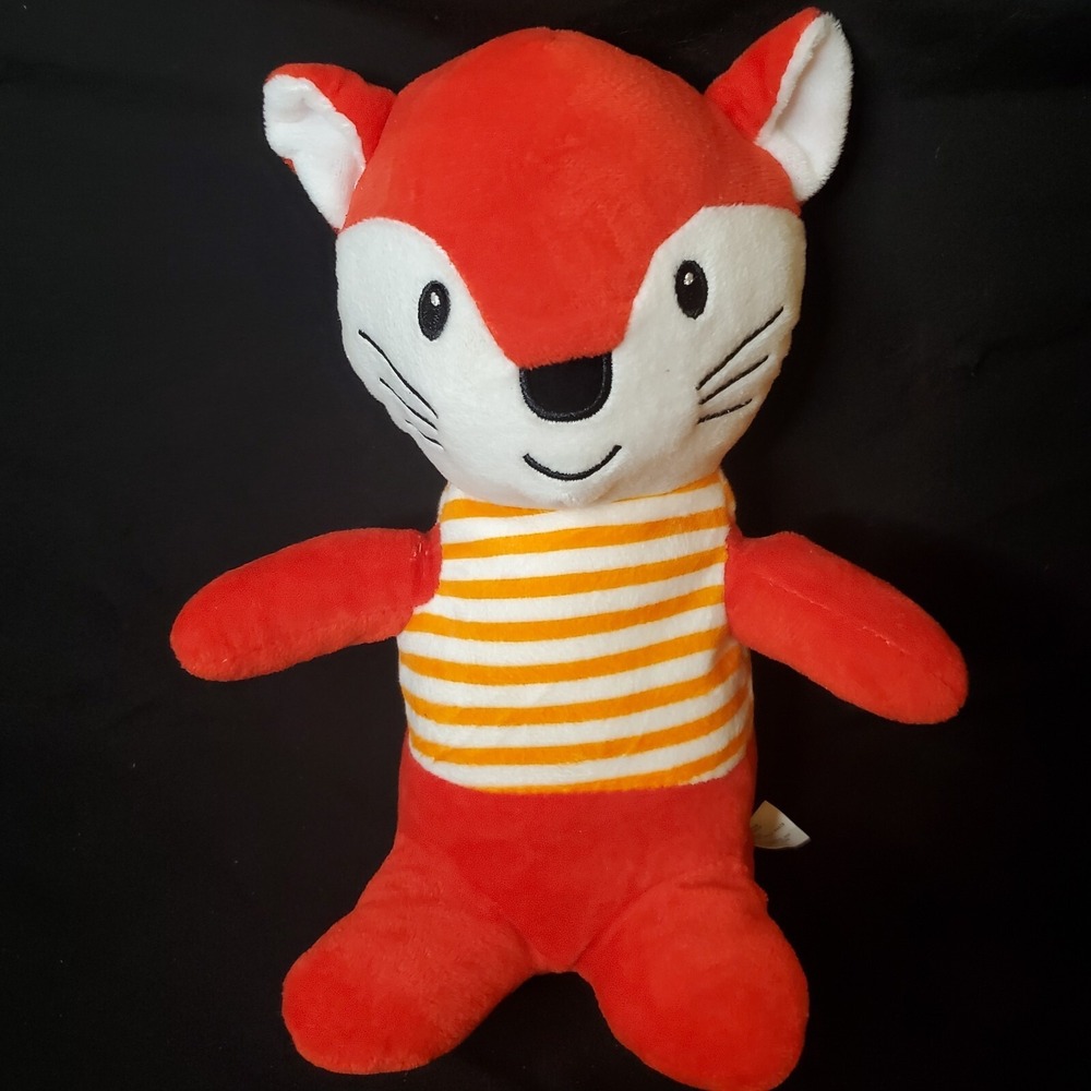 Red Stuffed Fox 10" Plush Animal Orange + White Striped Shirt Stitched Features